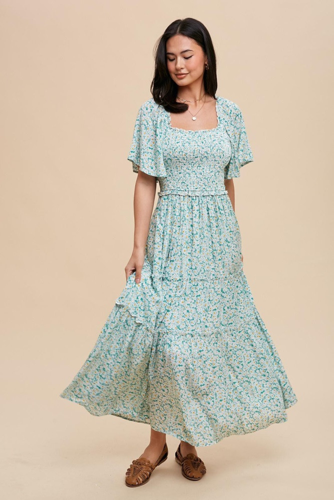 Green Floral Smocked Tiered Maxi Dress | PinkBlush Maternity