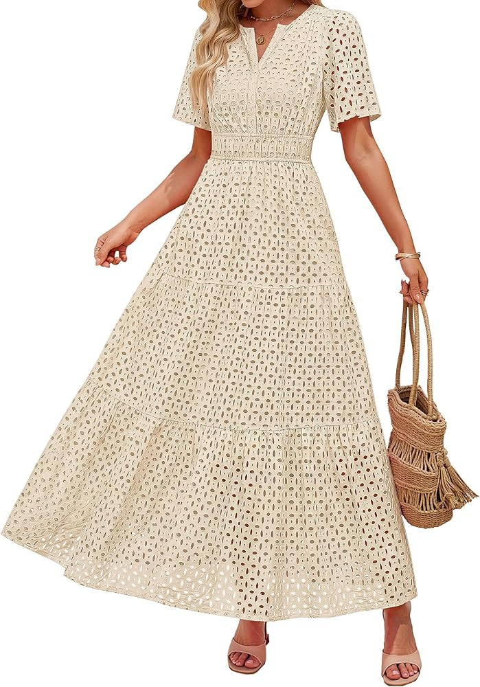 ZESICA Women's 2026 Summer Short Sleeve Maxi Dress Casual V Neck Hollow Out Eyelet Ruffle Swing A... | Amazon (US)