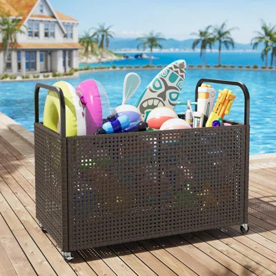 Poolside Rattan Storage Organizer, Outdoor Storage Bin, Pool Float Storage Holder with Mesh Rolling for Pool Noodles, Toys, Floats, Balls, and Equipme | Wayfair North America
