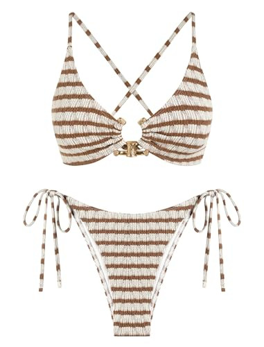 ZAFUL Women's Sexy Cutout Bikini Set High Cut Textured Metal Ring Cheeky Swimsuit Two Piece Bathi... | Amazon (US)