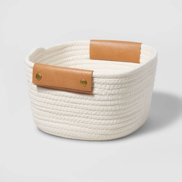 11&#34; Decorative Coiled Rope Square Base Tapered Basket with Leather Handles Small White - Thre... | Target