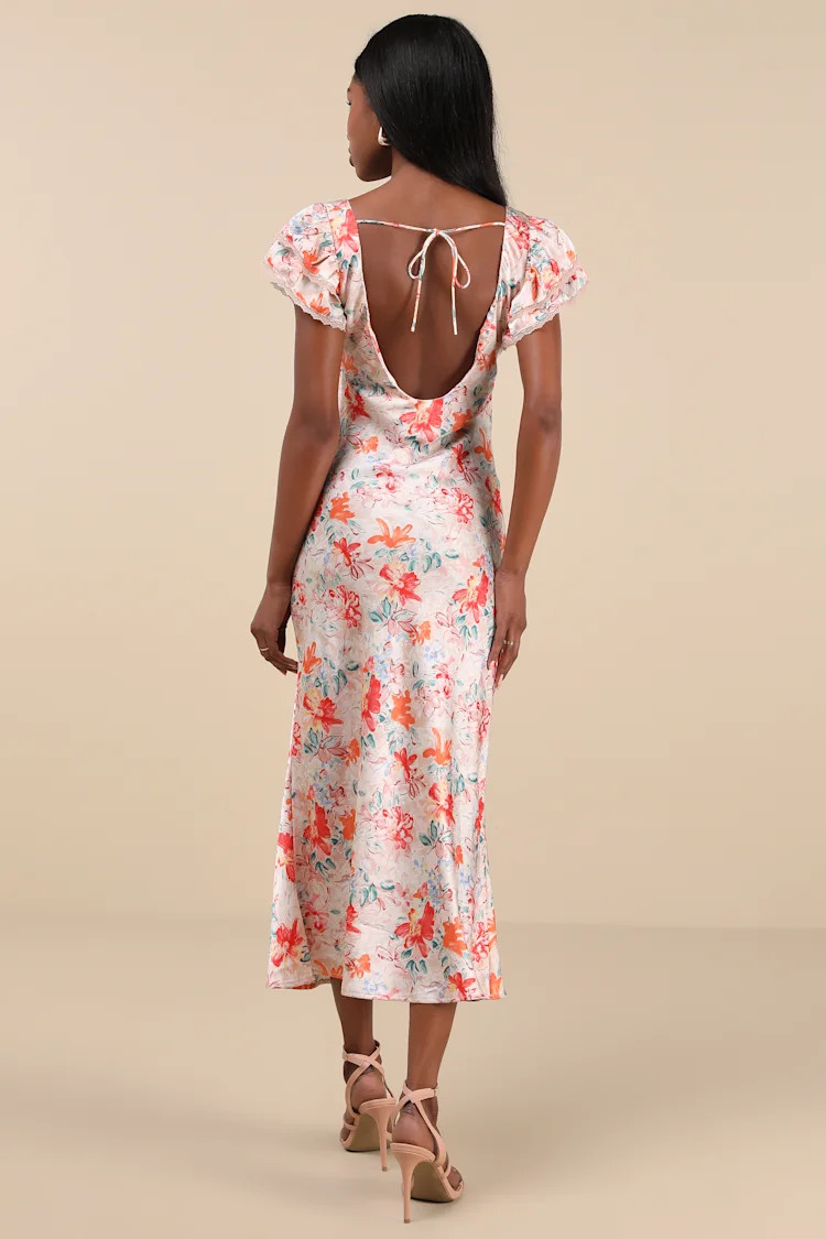 Ryland Cream Multi Floral Satin Flutter Sleeve Midi Dress | Lulus