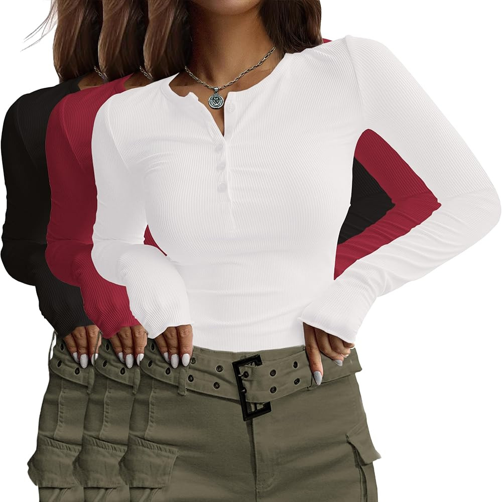 Ekouaer Women's Long Sleeve Shirts 3 Packs Henley Button Down Tops Ribbed Slim Fit Base Layer Sof... | Amazon (US)