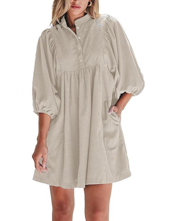 Womens Casual Dresses Corduroy Button Up Empire Waist 3/4 Sleeve Fall Winter Mini Babydoll Dress | Amazon (US)
