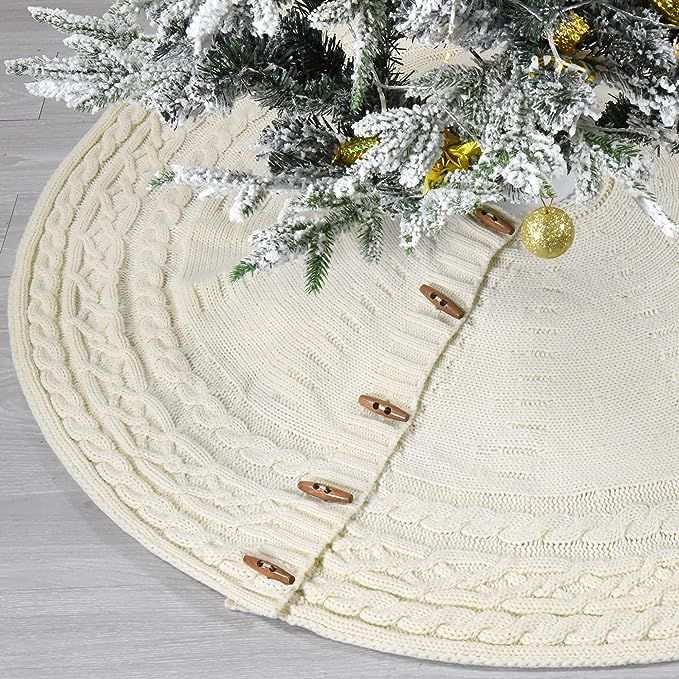 48-Inch Knitted Christmas Tree Skirt Round with Wooden Toggle Buttons (Cream) | Amazon (US)