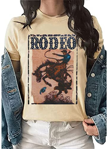 Anbech Western T Shirts for Women Rodeo Graphic Outfit Tees Short Sleeve Cowgirls Tops (XL, Apricot) | Amazon (US)