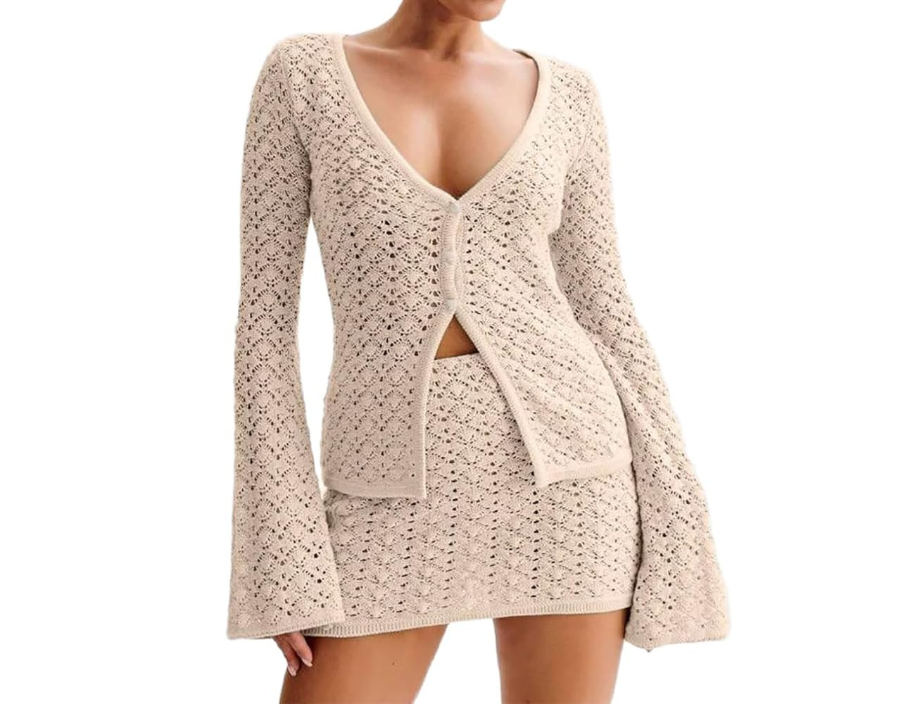 Women Crochet 2 Piece Outfits Set Swimwear Cover Up Flared Long Sleeve Button Down Tops Beach Min... | Amazon (US)