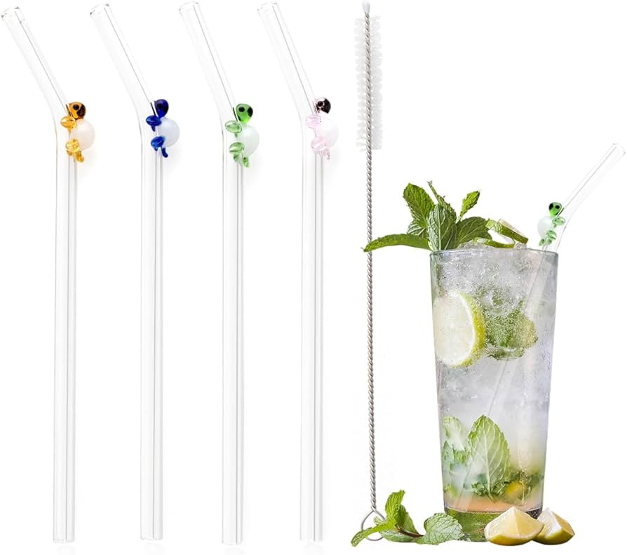 4 Pcs Glass Straws With Turtle Charms, Cute Fun Reusable Straws, With Design Clear Bent Straws, W... | Amazon (US)