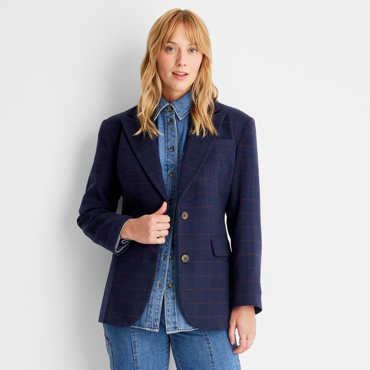 Women's Long Sleeve Prep Check Blazer - Future Collective™ with Reese Blutstein Navy Blue | Target