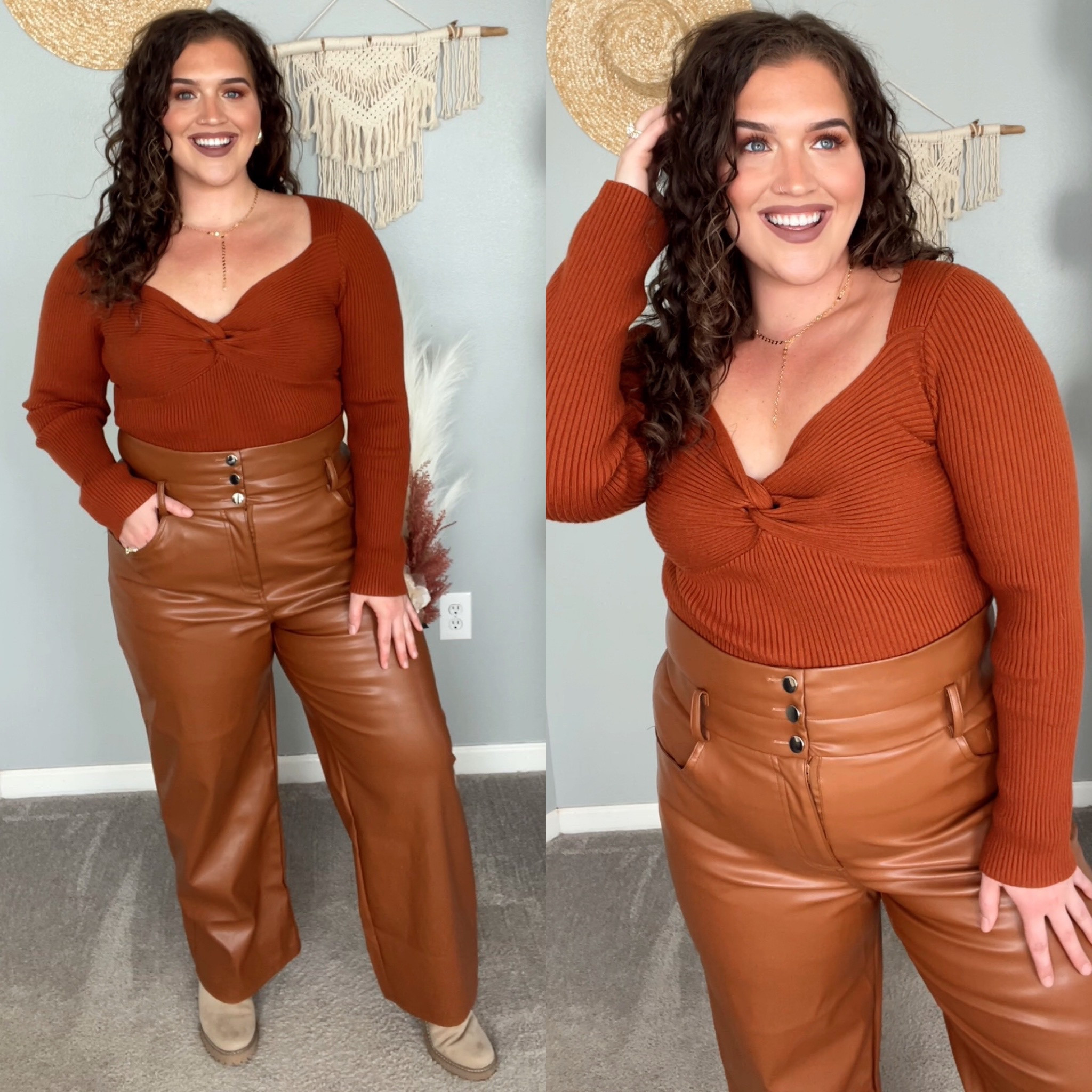 Curvy sweater and brown leather pants with chelsea boots outfit inspo for Fall 🤎 
Top: XL 
Pants: XL 
#midsizeoutfits #ootd #fallfashion #boots #leatherpants #sweater

#LTKmidsize #LTKplussize #LTKfindsunder50