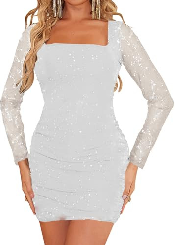 MOEENCN Women Mesh Dress Sparkly Long Sleeve Square Collar Pleated Bodycon Dresses Party Night Cl... | Amazon (US)