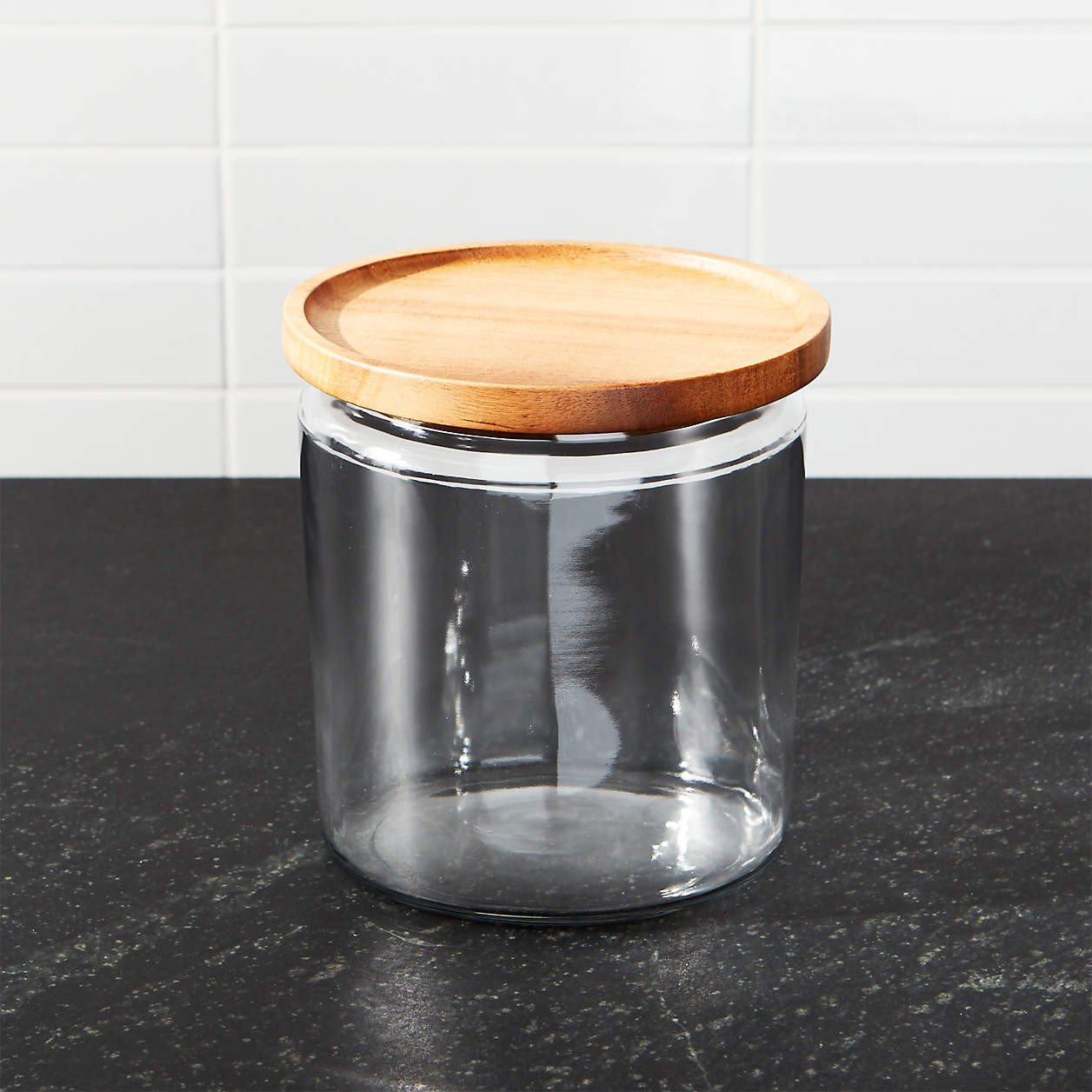 Montana 48-Oz. Small Acacia and Glass Jar + Reviews | Crate & Barrel | Crate & Barrel