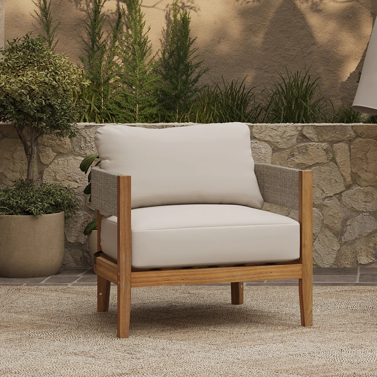 Outdoor Acacia Wood with Rope Sides Club Armchair with Cushions | Wayfair North America