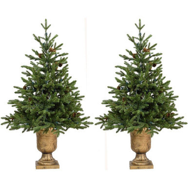Noble Fir Set of 2 Christmas Trees with Metallic Urn Base, Various Sizes and Lighting Options | Fraser Hill Farm