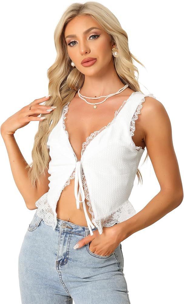 Allegra K Sleeveless Shrug Top for Women's Tie Front Lace Trim Sexy Summer Cropped Tank Tops | Amazon (US)