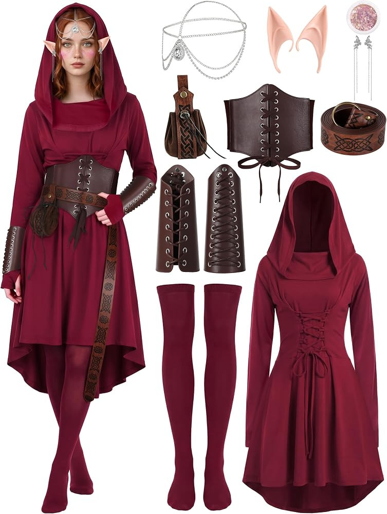 10 Pcs Women Renaissance Halloween Fairy Costumes Medieval Elf Dress S-XXL | Amazon (US)
