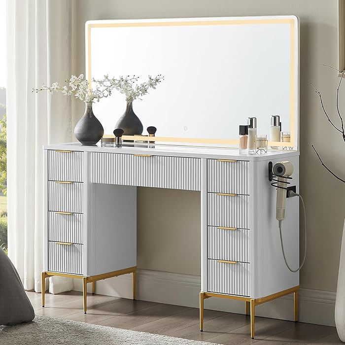 T4TREAM 48" Fluted Makeup Vanity Desk with 48" Large Mirror and HD LED Lights, Modern Vanity Tabl... | Amazon (US)