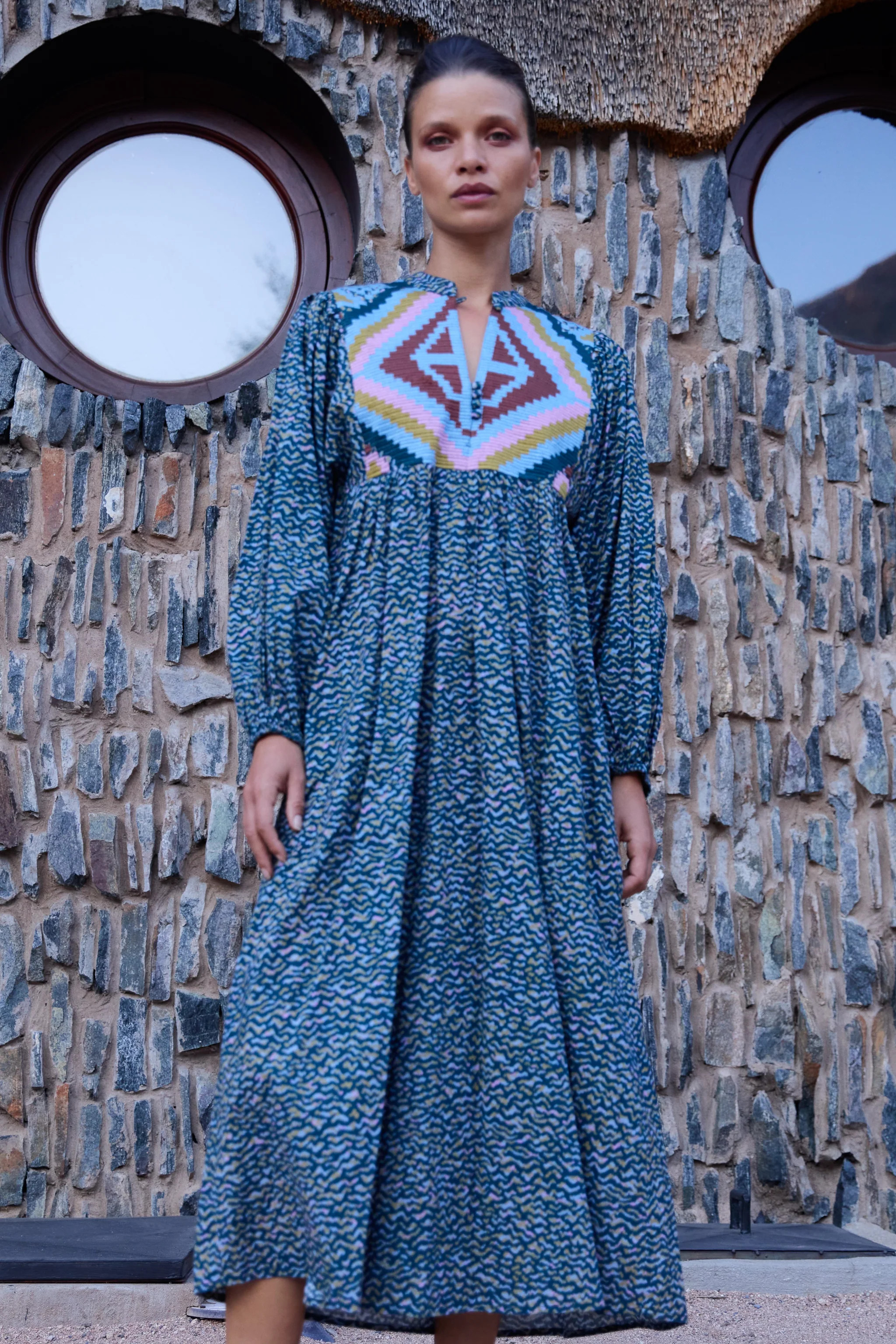 Mandarin Balloon Sleeve Midi- Jag Navy | Oliphant Design