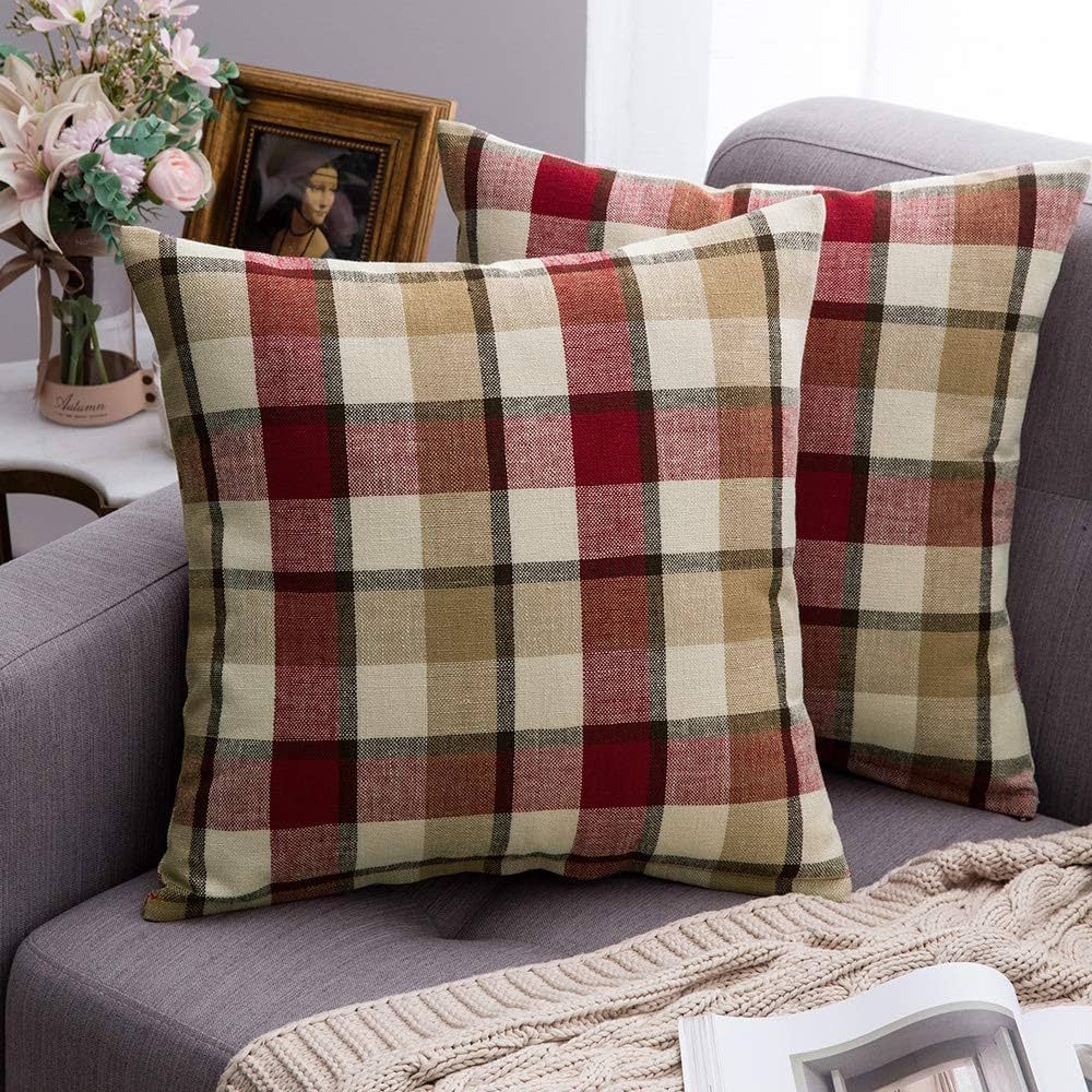 MIULEE Pack of 2 Decorative Pillow Covers Checkered Plaids Tartan Pillowcases Linen Rustic Farmho... | Amazon (US)