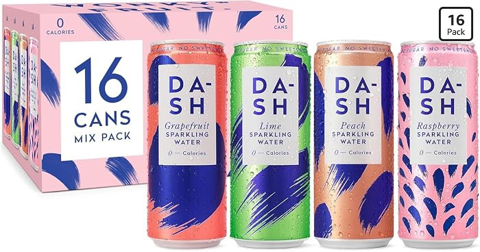 DASH Water Mixed Pack x 16 – Flavoured Sparkling Spring Water – Raspberry, Lime, Grapefruit, Peach – Infused with Wonky Fruit (16 x 330ml cans) | Amazon (UK)