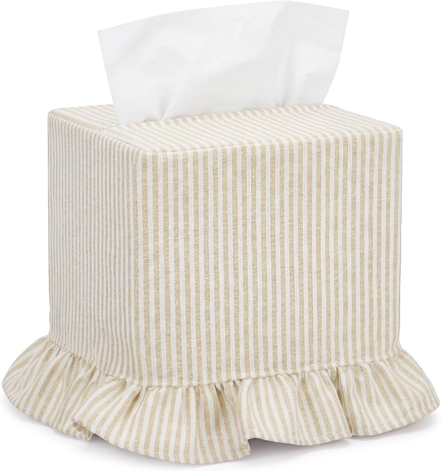 Sawysine Cream Striped Tissue Cover, Boho Ruffled Square Box Holder | Amazon (US)
