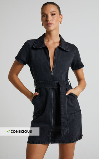 Nandini Mini Dress - Zip Through Denim Dress in Black Wash | Showpo (US, UK & Europe)
