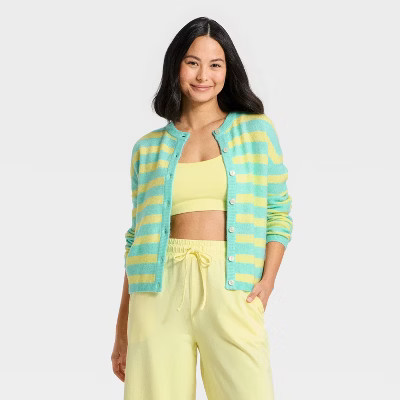Women's Button-Up Cardigan Sweater - JoyLab™ Aqua Blue/Yellow Stripe L | Target