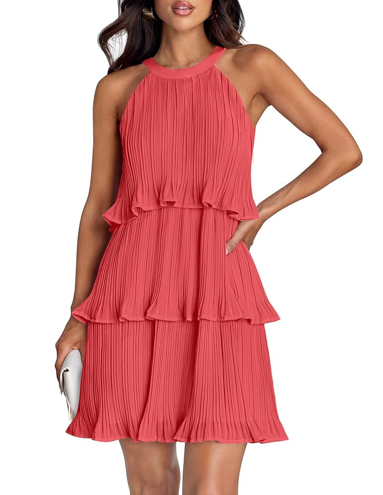 ZESICA Women's 2025 Summer Halter Dresses Sleeveless Ruffle Tiered Layered Chiffon Pleated A Line... | Amazon (US)