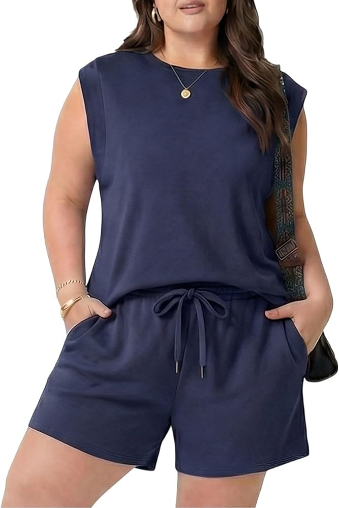OLRIK Plus Size Short Sets for Women 2 Piece Matching Sets 2026 Trendy Summer Outfits Drawstring ... | Amazon (US)