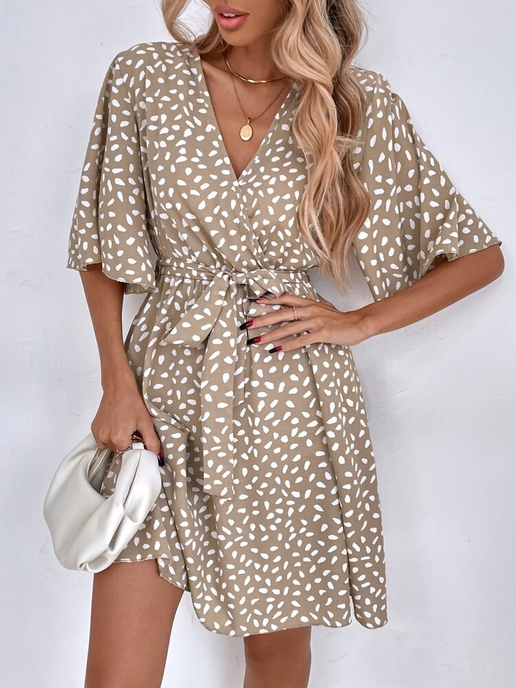 Allover Print Butterfly Sleeve Belted Dress | SHEIN