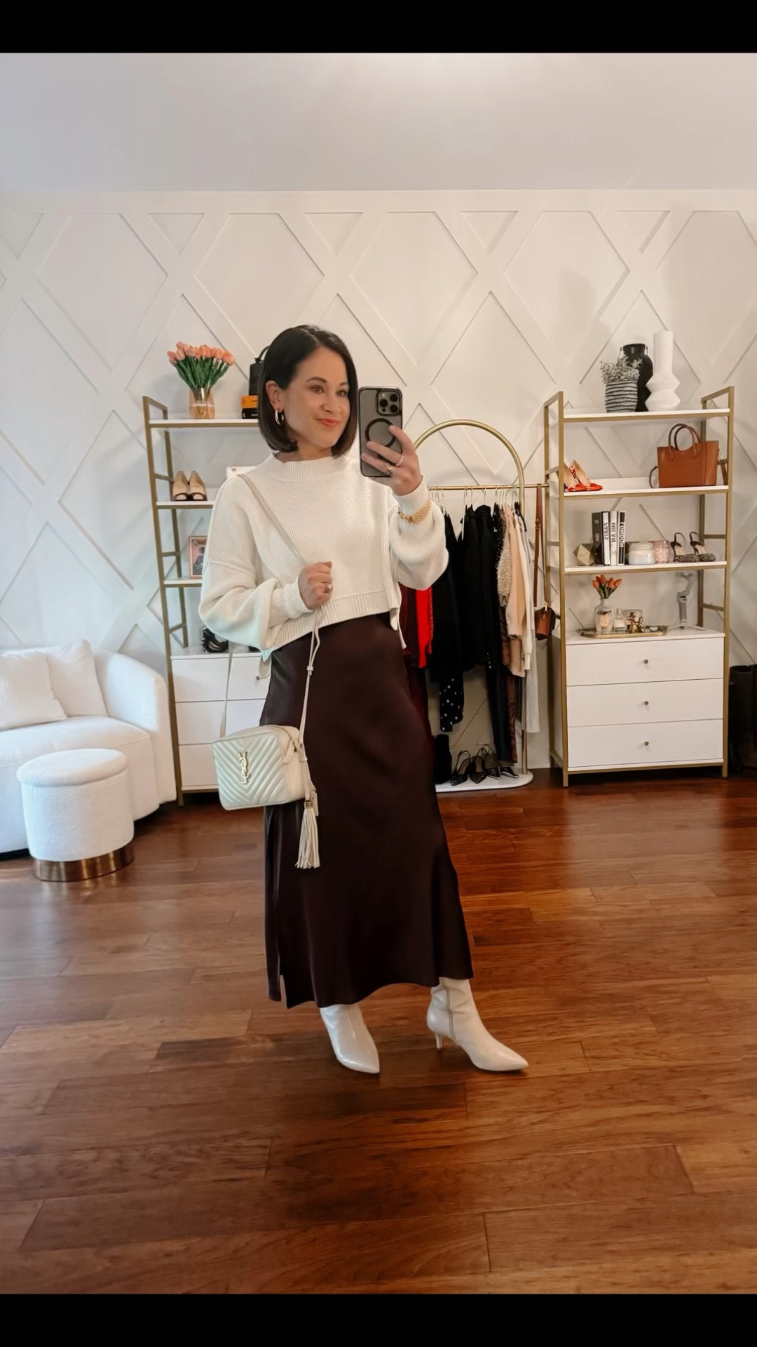 Fall out idea - silk or satin midi skirt with cropped sweater - great thanksgiving outfit idea (elastic waistband so comfy too!) 

#LTKOver40 #LTKStyleTip #LTKHoliday