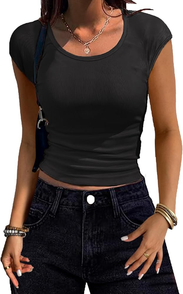 Zeagoo Womens Tank Tops Ribbed Knit Crew Neck Shirts Cap Sleeve Slim Fitted Ruched Basic Tees | Amazon (US)