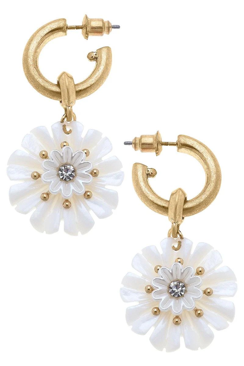 Eleanor Mother of Pearl Flower Drop Hoop Earrings in Ivory | CANVAS