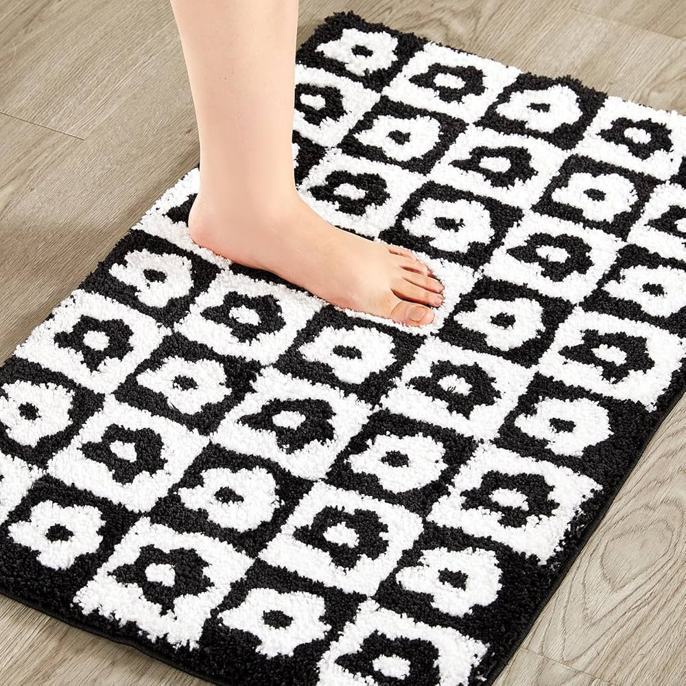 Black and White Checkered Floral Bathroom Rugs Mat Funky Aesthetic Decor 20’’W x 32’’L, R... | Amazon (US)