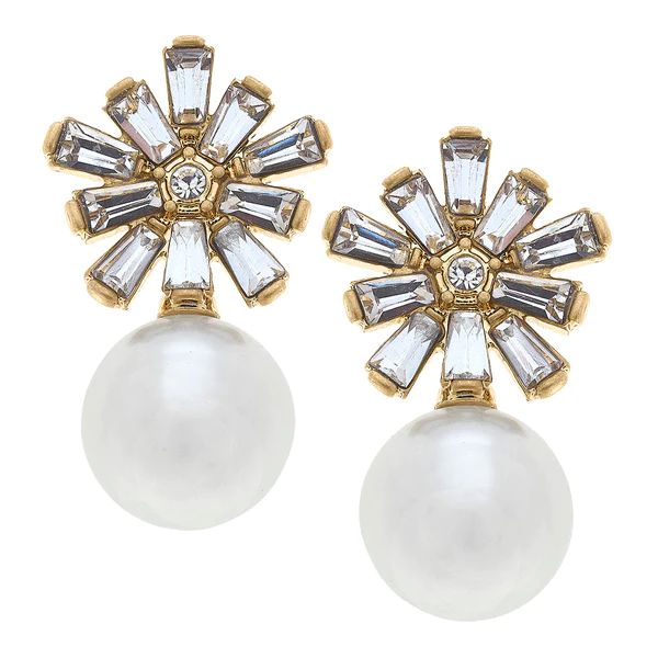 Rosie Pavé Flower with Pearl Drop Earrings in Worn Gold | CANVAS