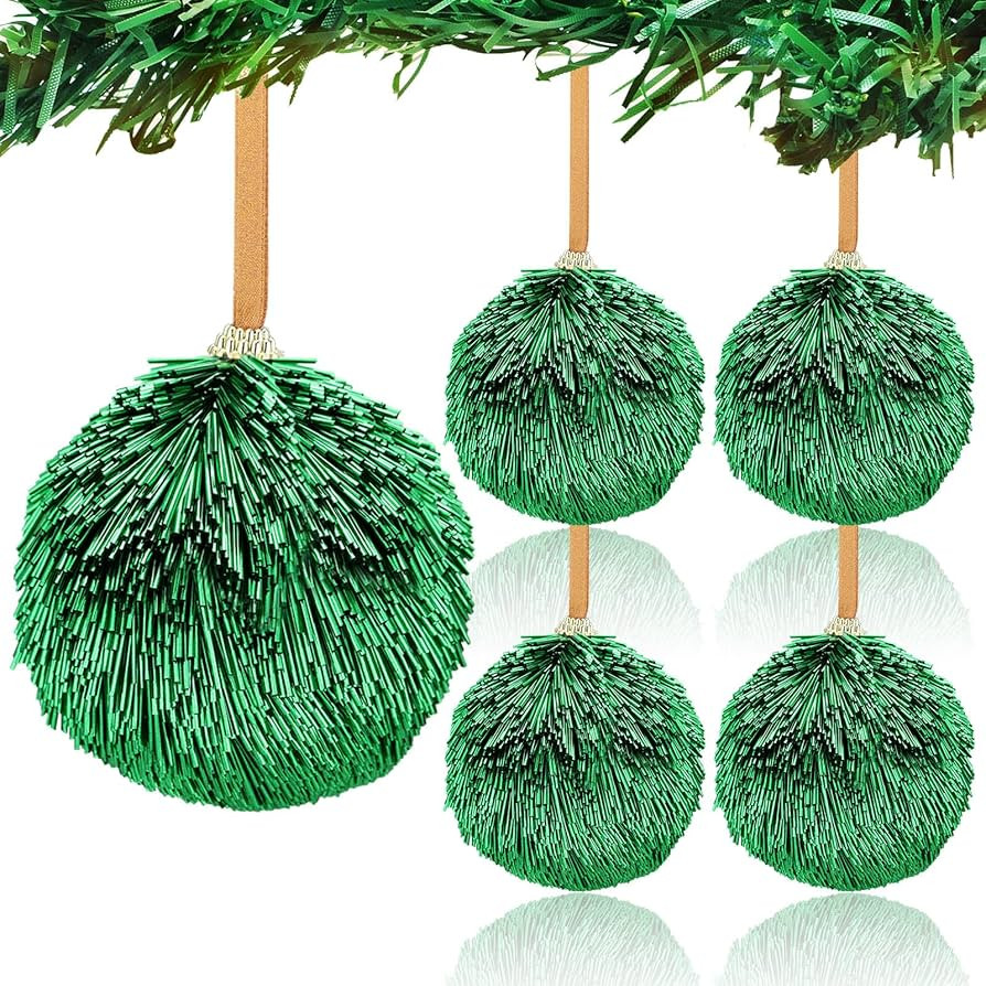 Syhood 4 Pcs Large Dark Green Christmas Balls Glitter 4 Inch Big Christmas Ornaments Silk Tubing ... | Amazon (US)