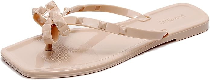 Studded Sandals for Womens Bow Flip Flops Jelly Shoes Beige Jellies Flat Size 9, Summer Beach Tho... | Amazon (US)