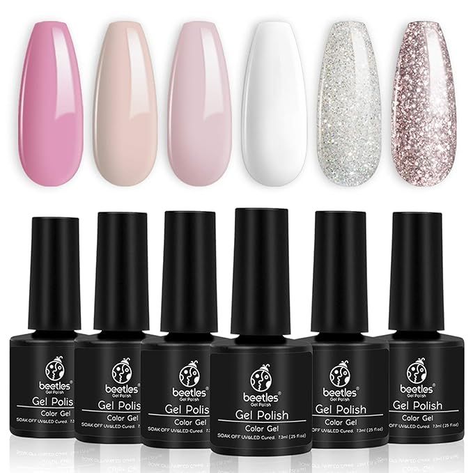 Beetles French White Gel Nail Polish Kit - 6 Pack Nude Pink Glitter Gel Polish Set Soak Off LED L... | Amazon (US)