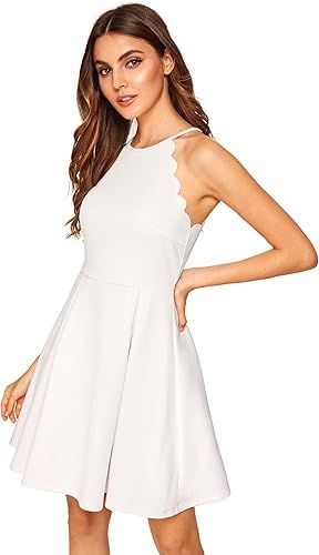 Romwe Women's Sweet Scallop Sleeveless Flared Swing Pleated A-line Skater Dress | Amazon (US)