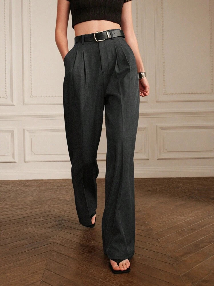 Anewsta Fashionable Simple Pleated Casual Wide Leg Suit Pants | SHEIN