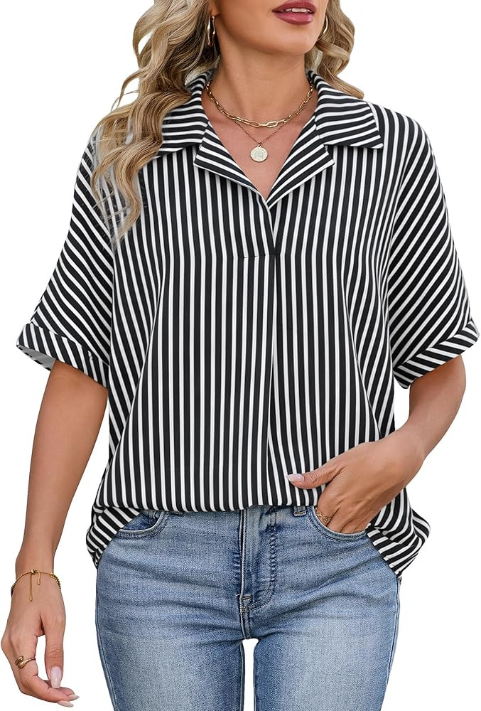 IEEILULU Women Striped Collared Shirt Casual Short Sleeve V Neck Blouse Tops Loose Fit Business W... | Amazon (US)