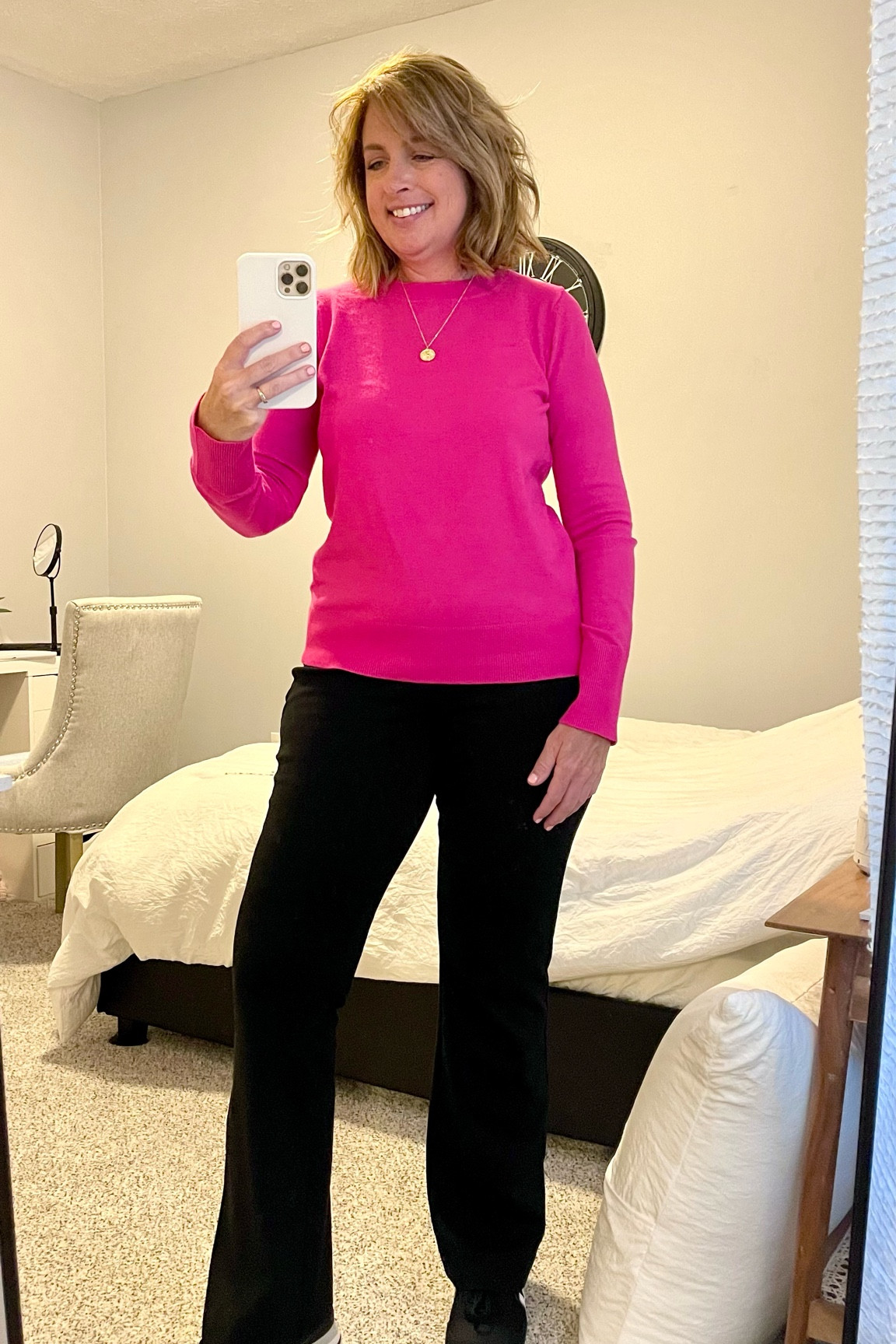 Outfit of the day!  What I wore to work today!  Hot Pink sweater from Walmart,  new balance sneakers from rack room, black pants from Kohls, necklace from Amazon, phone case from Amazon!  #ootd #teacheroutfit #barbie

#LTKFind #LTKSeasonal #LTKworkwear