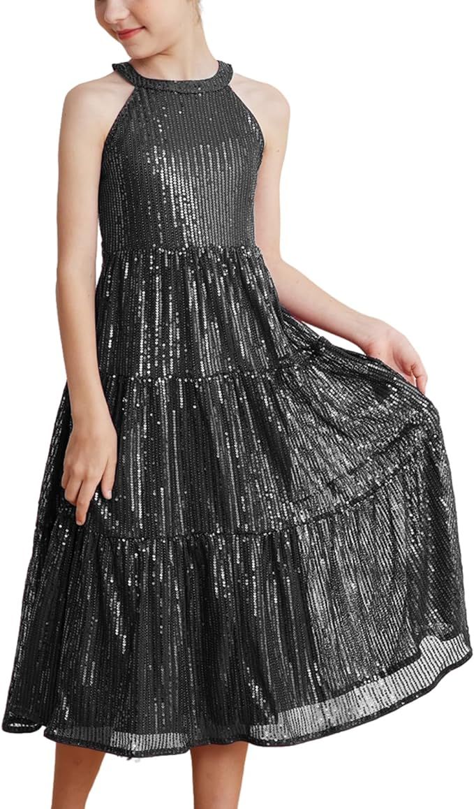 GRACE KARIN Girls Halter Neck Sequin Dress Elegant Cute Girls Party Maxi Dress for 5-14Y | Amazon (US)