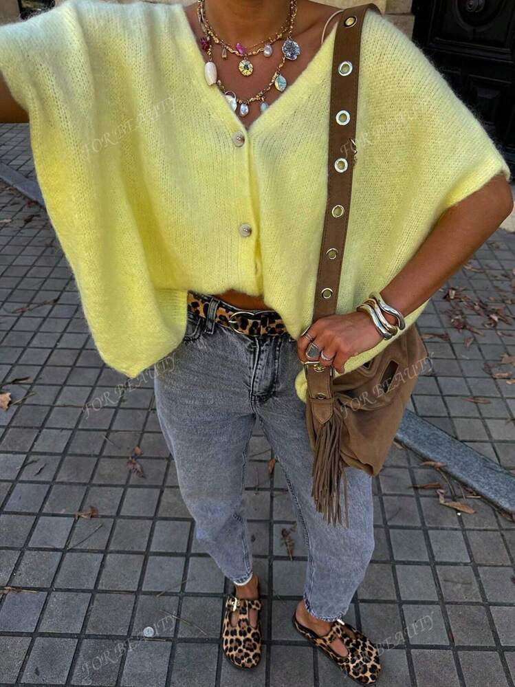 Boter Geel Vest Met Korte Mouwen En V-hals | SHEIN