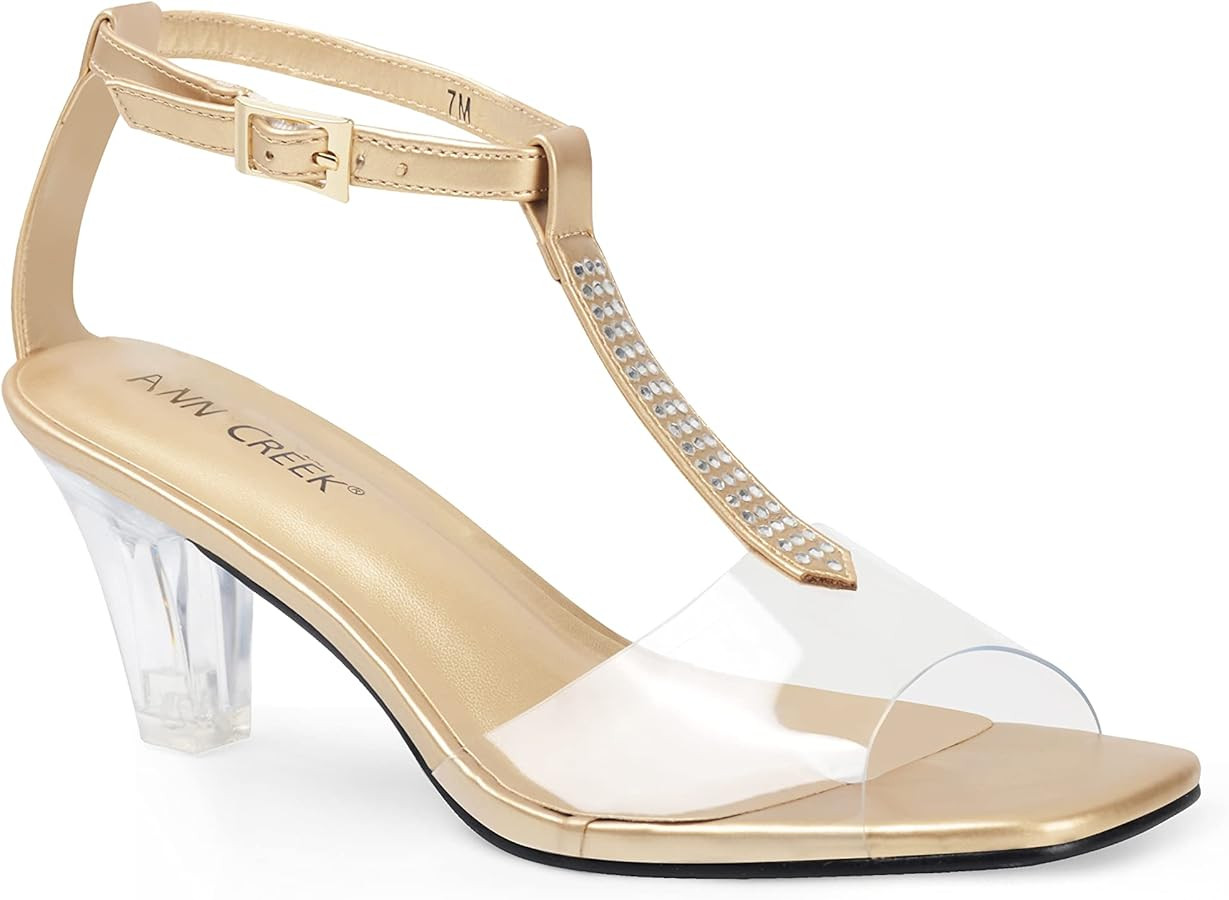 ANN CREEK Women's Clear Heels Rhinestone T-Strap Peep Toe Sandals | Amazon (US)