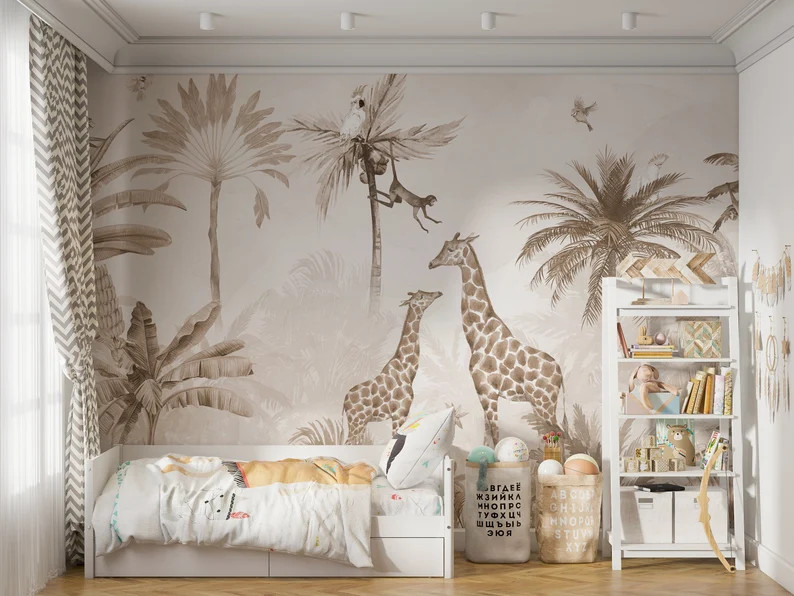 Two Giraffe in The Jungle with Animals Wallpaper- Tropical Wallposter- Nursery Room Decor- Peel a... | Etsy (US)