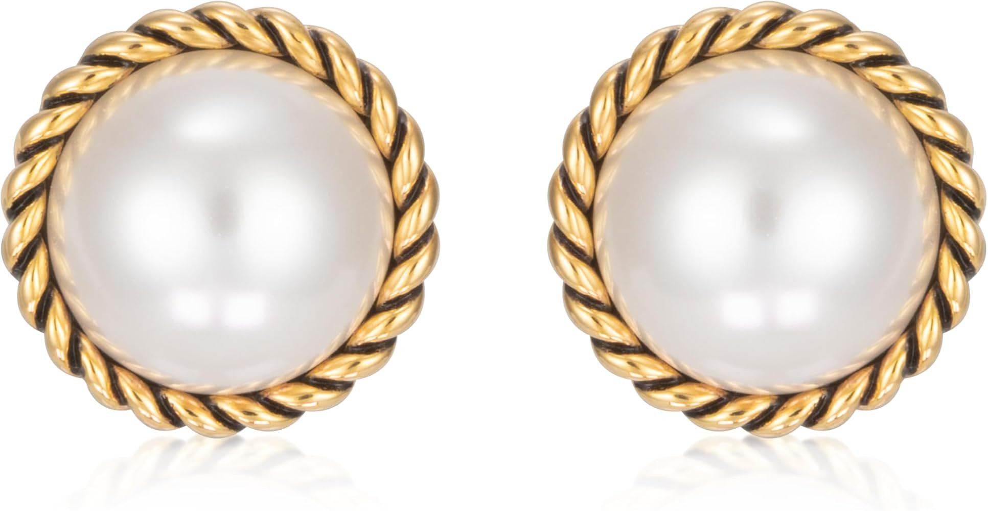 Big Pearl Earrings for Women - Dainty Elegant Gold Statement White Pearl Stud Earrings | Amazon (US)