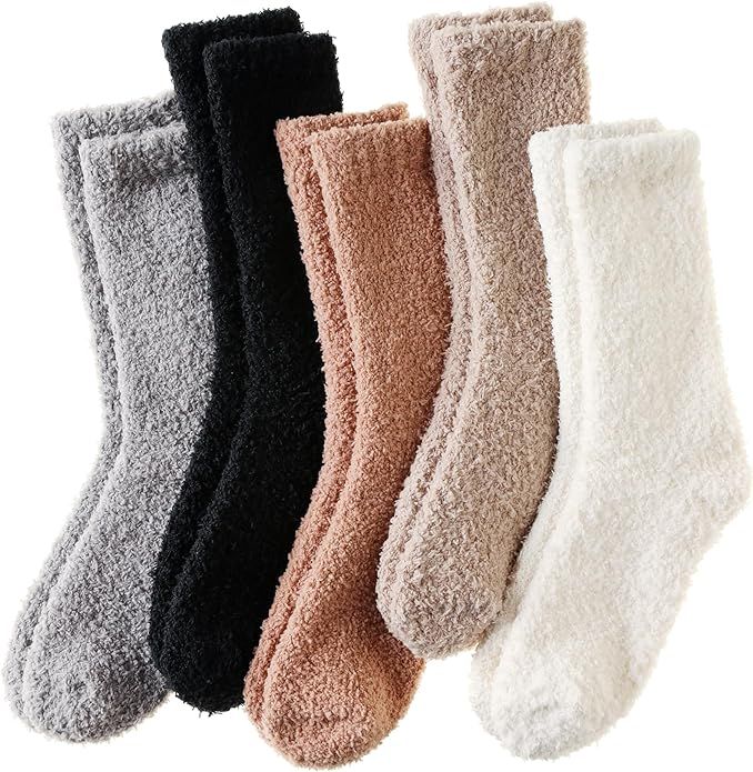 Womens Fuzzy Socks Soft Cozy Fluffy Slipper Socks Winter Warm Plush Sleeping Christmas Socks 5 Pa... | Amazon (US)