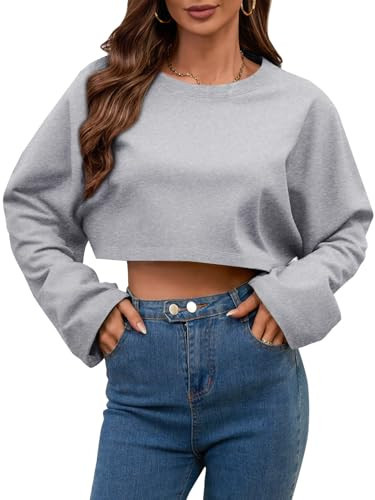 LovelyWholesale Women Long Sleeve Cropped Sweatshirt Oversized Crew Neck Workout Tops Grey Small | Amazon (US)