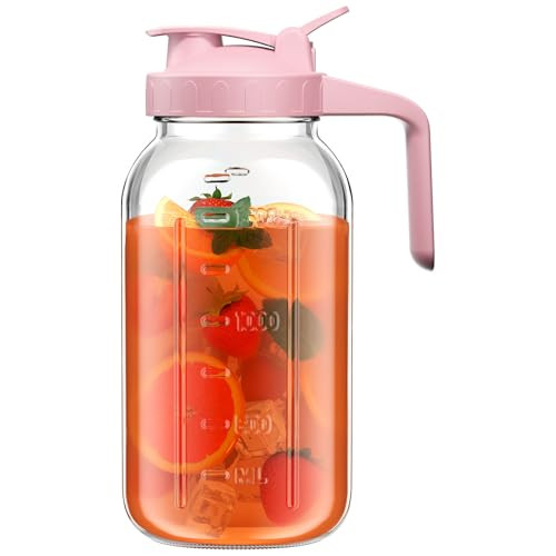 64 oz Glass Pitcher with Lid, Large Wide Mouth Mason Jar with Pour Spout, Pink Sun Tea Jar for Outside, Glass Water Pitcher Great for Drink, Cold Beverages and Breast Milk | Amazon (US)